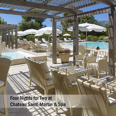 CHÂTEAU SAINT-MARTIN & SPA - Settle into the heart of the Côte d'Azur region during this 4-night stay for 2 guests at this magnificent château and spa.  Experience the endless natural beauty where the sea and mountains combine at this 5-star luxury property overlooking the Mediterranean coastline.  Enjoy a variety of amenities including tennis courts and a swimming pool, dine at their famous Le Saint-Martin restaurant which has been awarded two Michelin stars or simply explore or relax in these luxurious surroundings.
